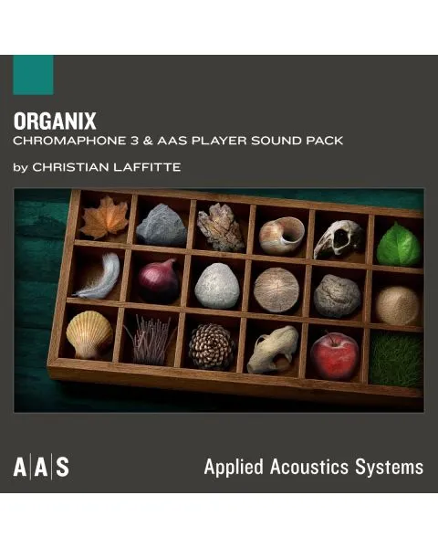 Organix for Chromaphone 3 and AAS Player sound pack artwork featuring natural objects, organic textures, and acoustic-inspired hybrid instrument design by Christian Laffitte.