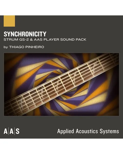 Cover art for Synchronicity Strum GS-2 Sound Pack by Thiago Pinheiro, featuring an abstract, swirling background and stylized guitar fretboard.