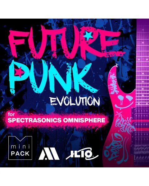 Future Punk Evolution sound pack cover with neon pink graffiti text, electric guitar graphic, and dark blue background