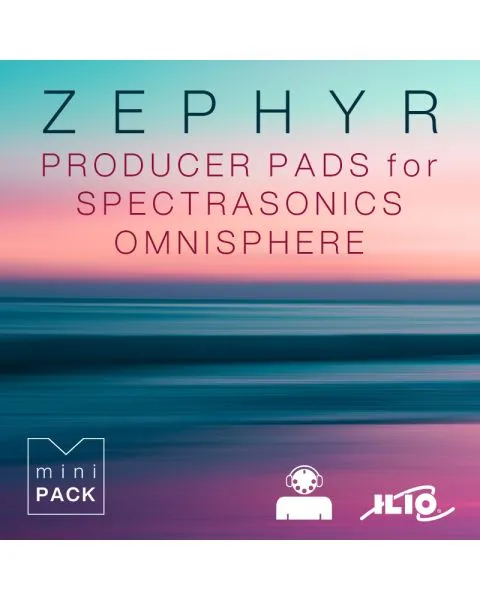 Zephyr Producer Pads sound pack cover with gradient background from teal to purple and stylized typography