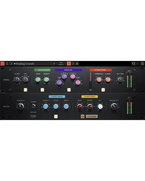 Gem Fuse plugin interface in DAW showing analog crunch and harmonics sections with colorful control knobs and VU meters