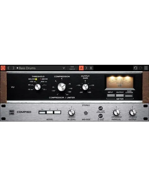 Overloud Gem Comp160 VU model VCA compressor plugin interface with threshold, compression, output gain and VU meter