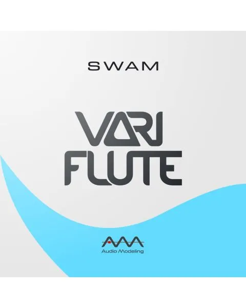 SWAM VarIFlute promotional graphic with blue gradient background and Audio Modeling branding logo