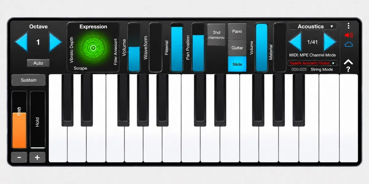 GeoShred Piano keyboard layout with Naada Acoustic Guitar selected