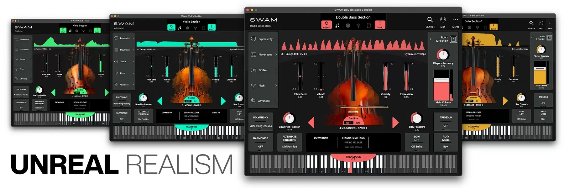 Audio Modeling SWAM virtual instrument interface showing expressive physical modeling controls for realistic performance