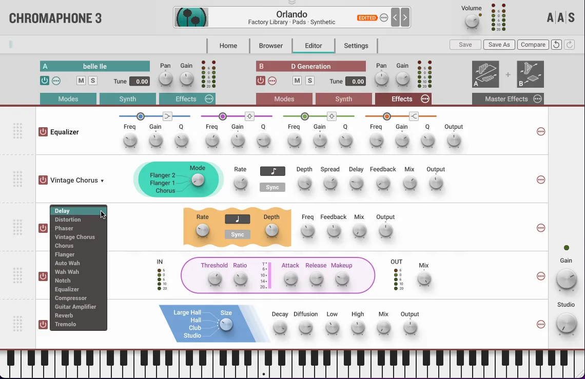 virtual instrument plugin equalizer interface in a digital audio workstation showing sound shaping controls