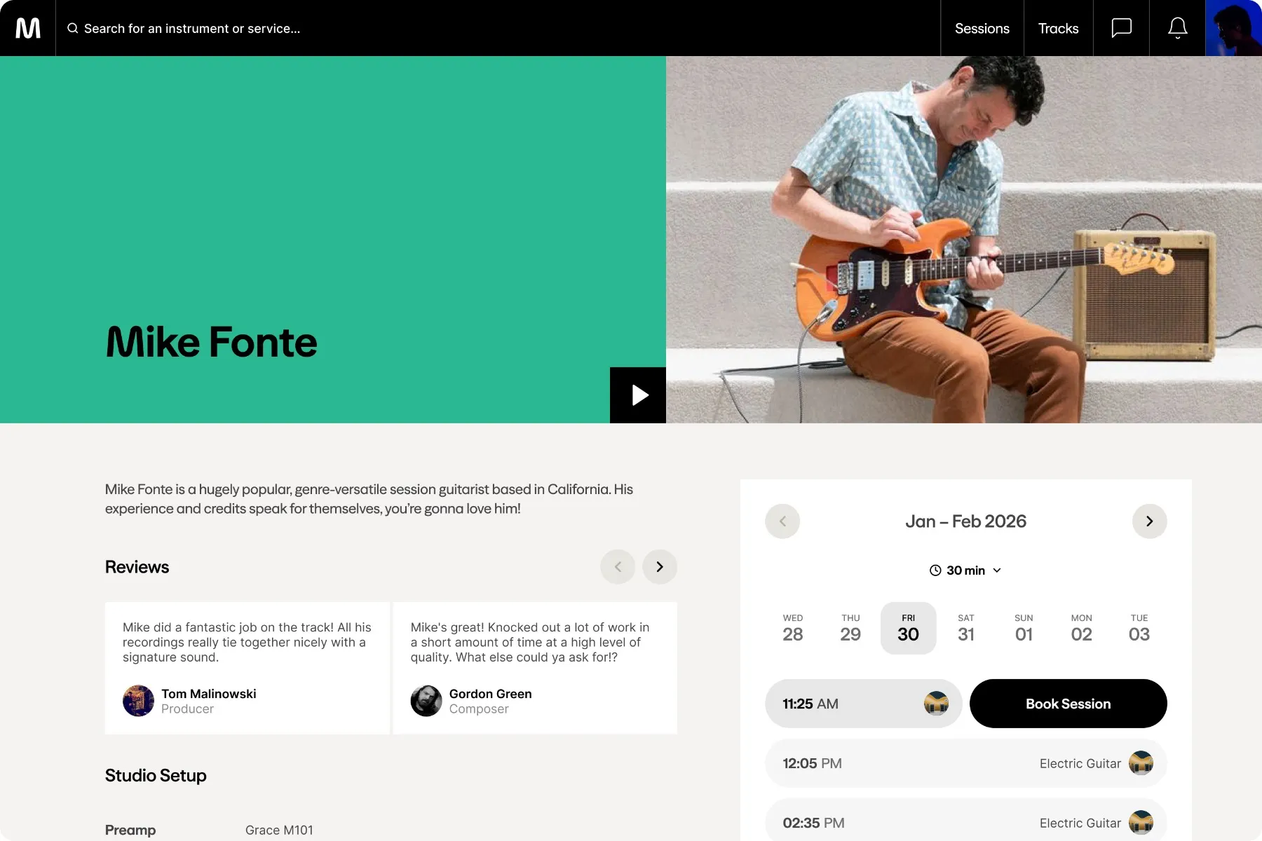     Session musician profile with availability and booking calendar