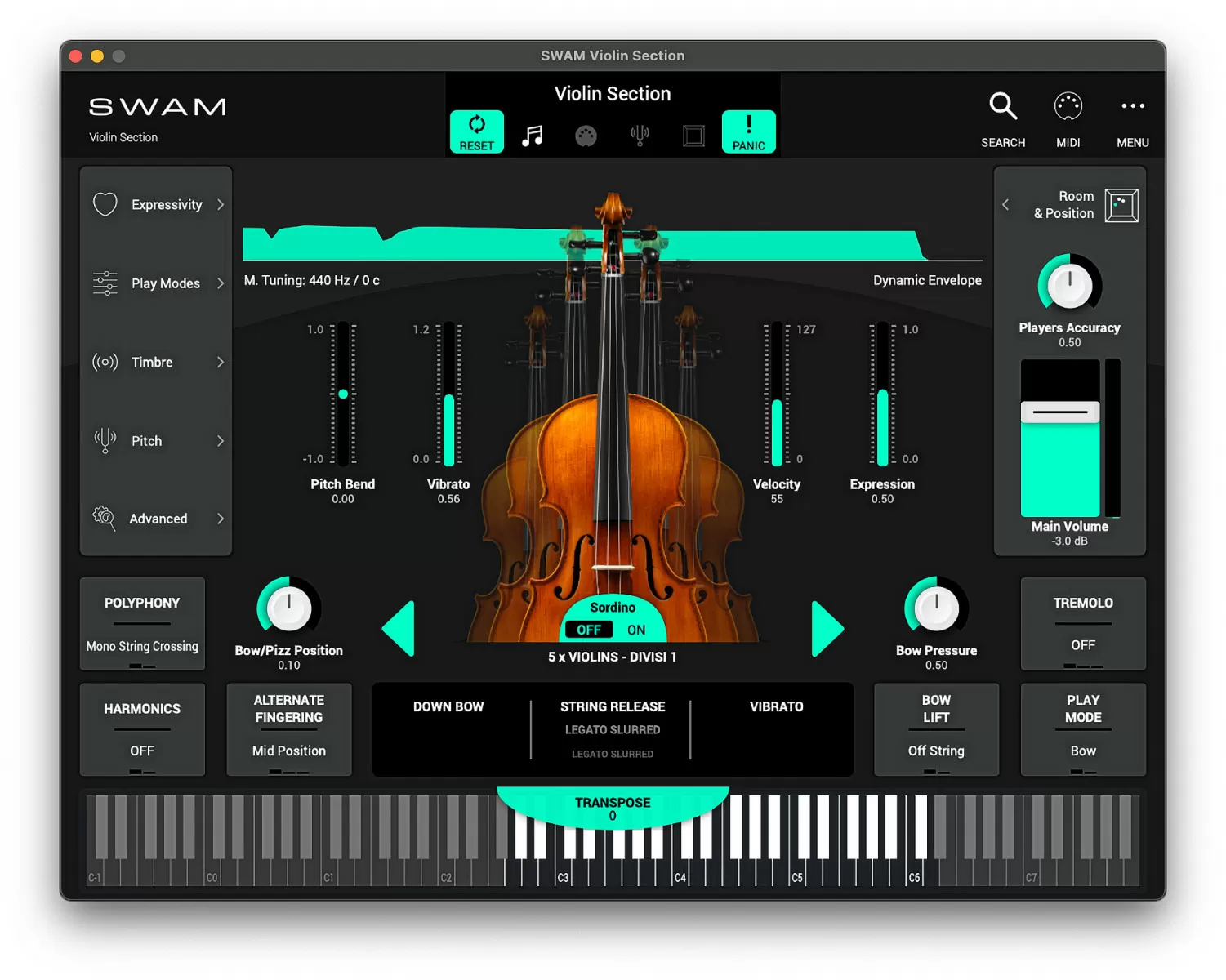 SWAM String Sections plugin interface showing violin section controls