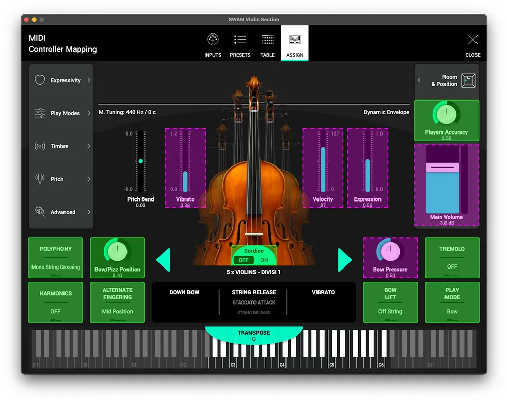 SWAM MIDI mapping interface for expressive control