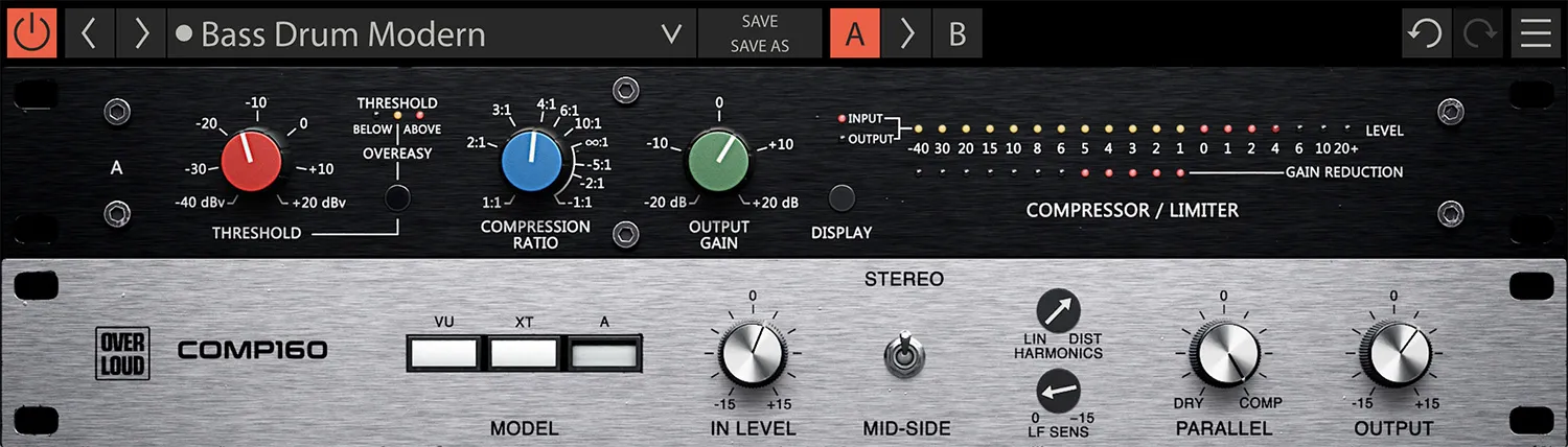 Overloud Gem Comp160 A model VCA compressor plugin with fast response, ratio control, and gain reduction meters