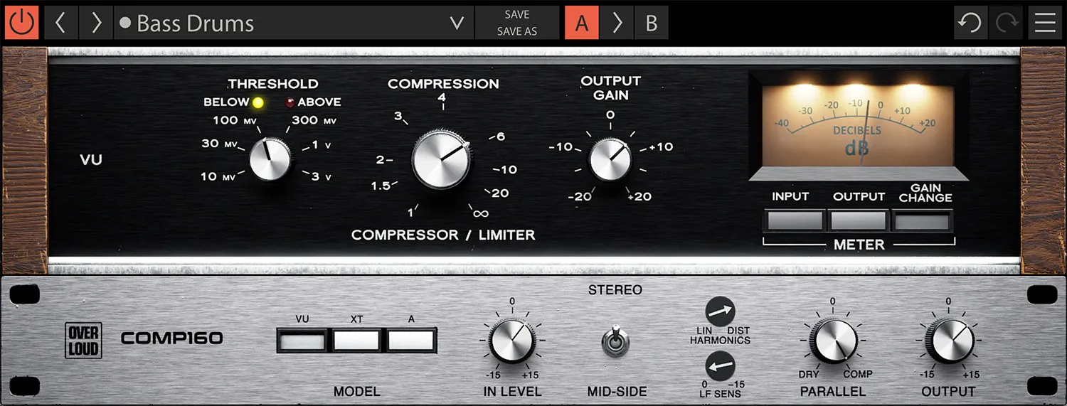 Overloud Gem Comp160 VU model VCA compressor plugin with classic threshold, compression, and analog VU meter