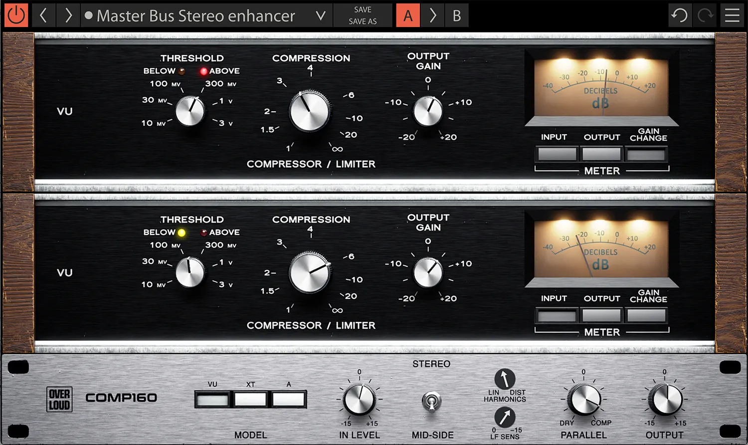 Overloud Gem Comp160 mid side compression interface showing stereo and mid side processing controls
