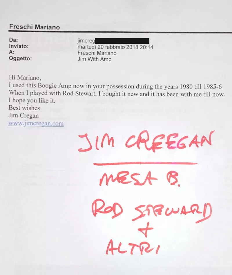 mail from Jim Cregan confirming use of Mesa Boogie amp with Rod Stewart from 1980–1986