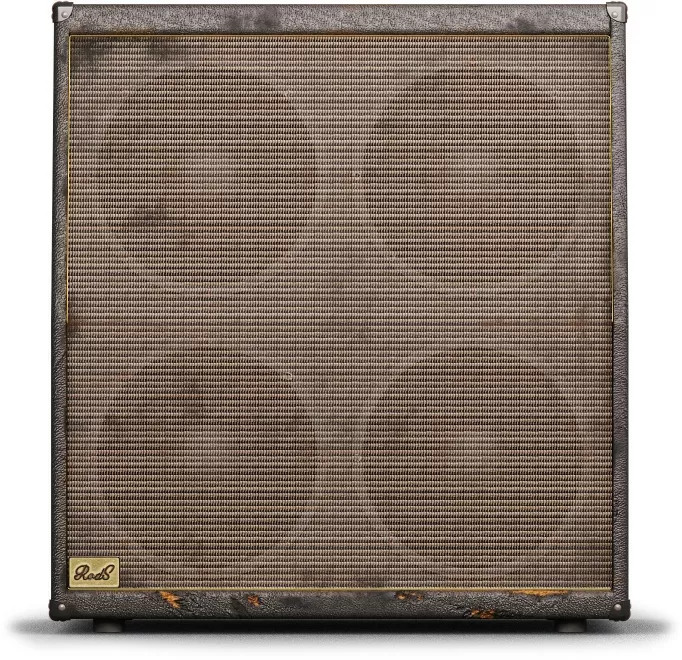 Straight-on view of a vintage-style 4x12 speaker cabinet with worn edges and a small “RodS” badge in the lower left corner.