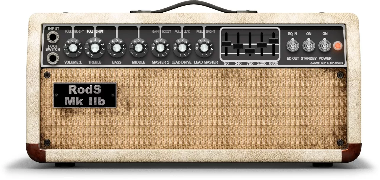 Front view of a cream-colored amp head labeled “RodS Mk IIb,” featuring EQ sliders, vintage knobs, and toggle switches.