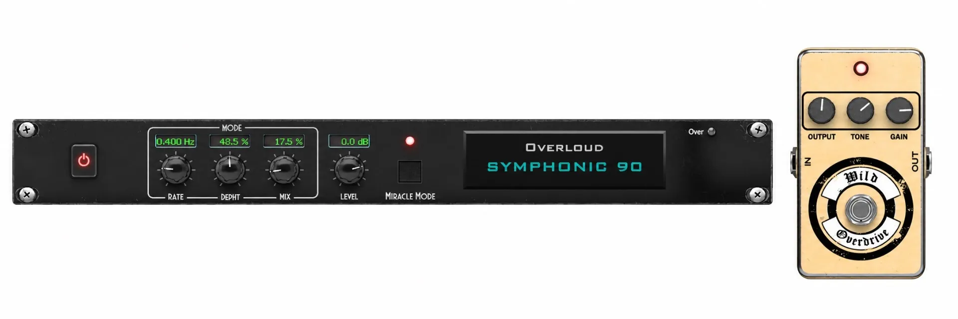 Overloud Symphonic 90 with Miracle Mode and Wild Overdrive effect interfaces