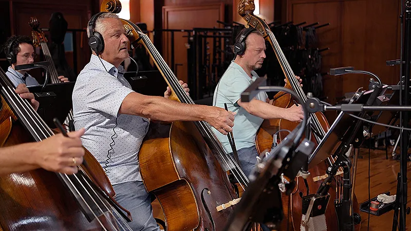 Double bass and cello players in performance