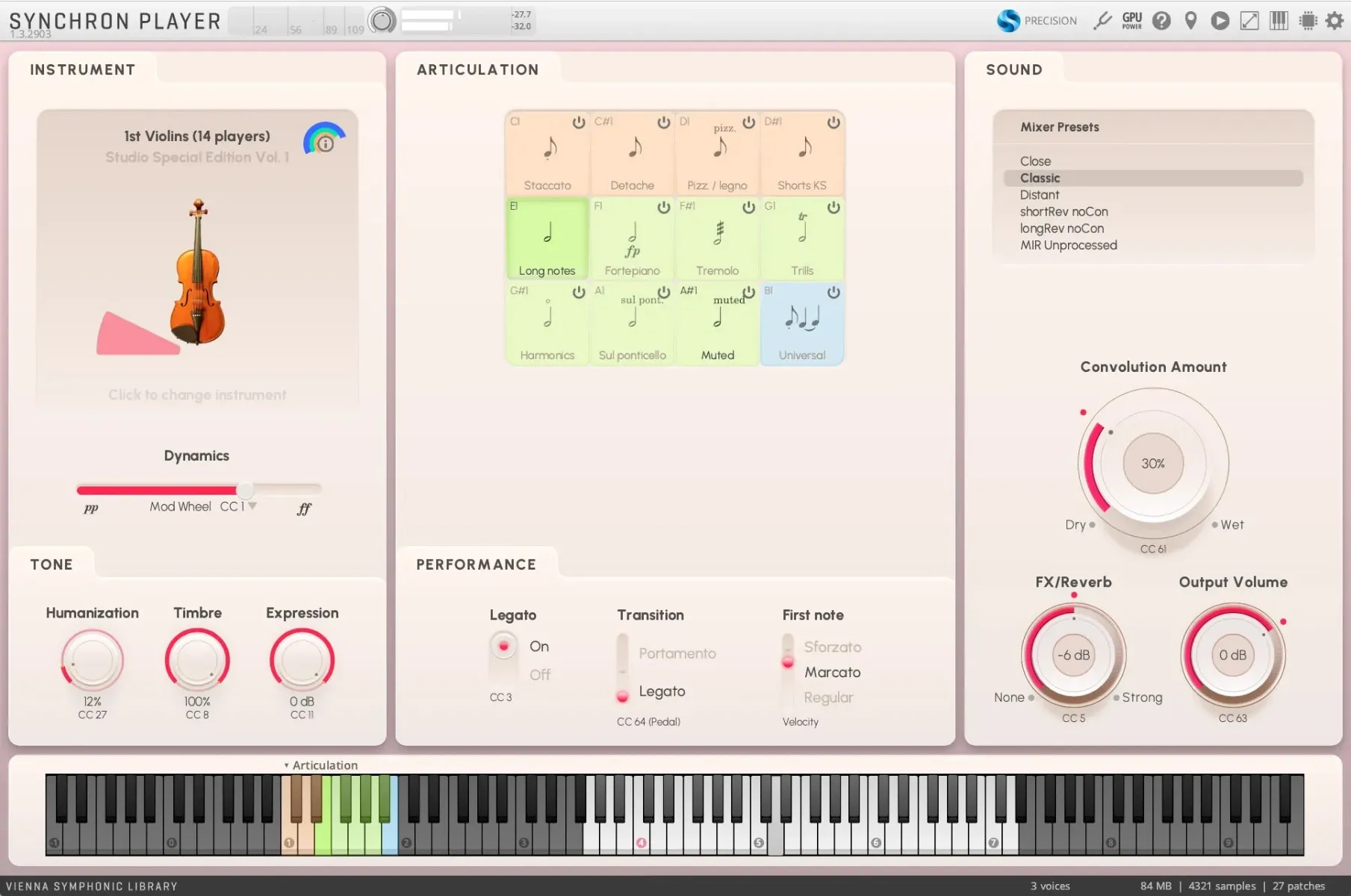 Studio Special Edition Volume 1 first violins in Synchron Player Flow View, showing articulation, dynamics, and reverb controls