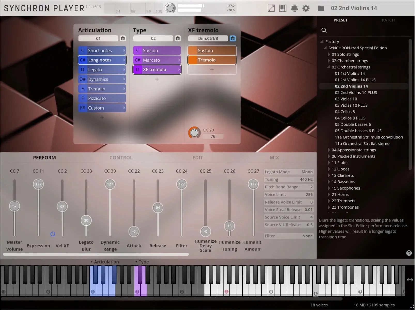 Synchron Player Perform view showing orchestral second violins, articulation selection, and performance controls