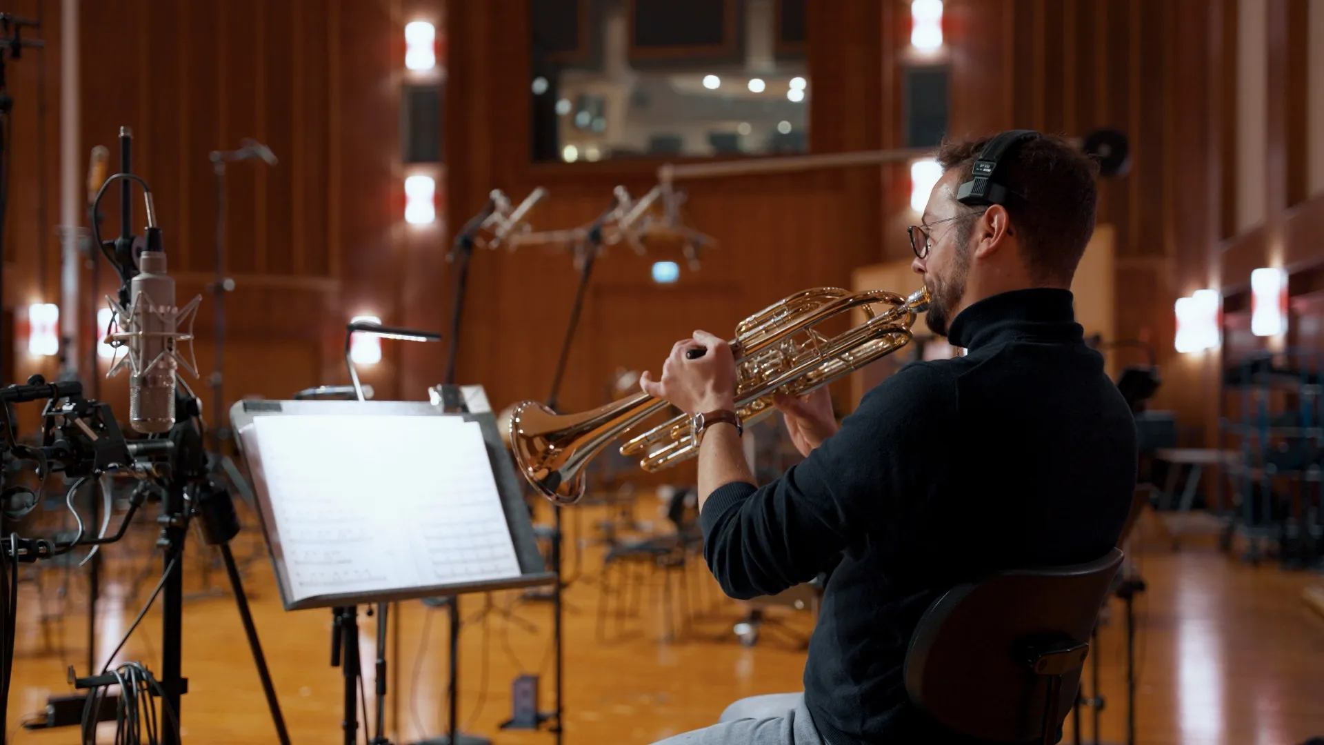 A bass trumpet is played during a recording session on the Synchron Stage for Vienna Synchron Special Brass