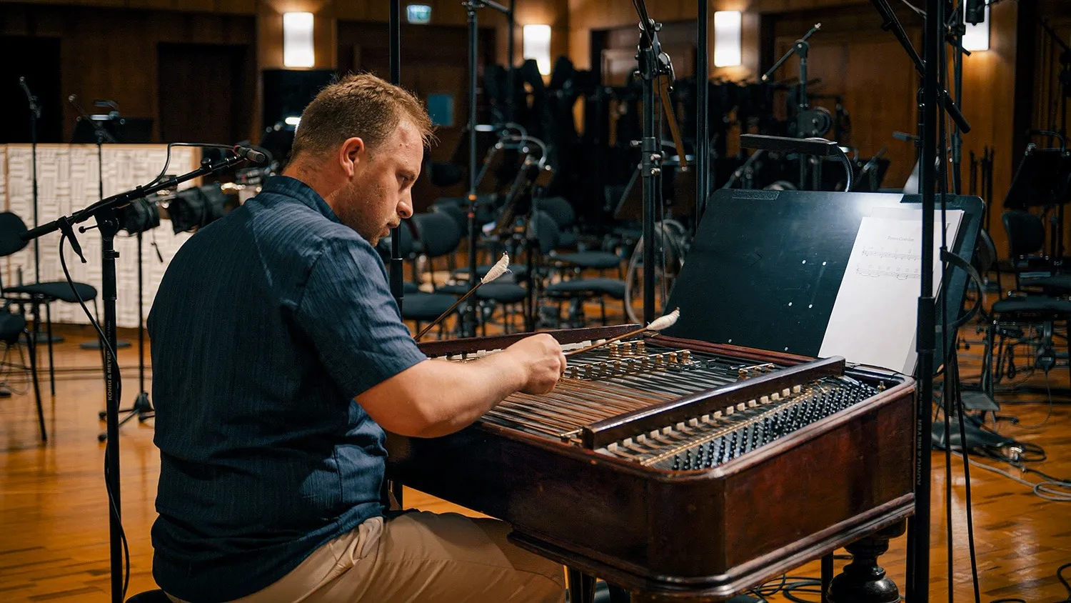 Musician playing a concert cimbalom with mallets during a recording session at Vienna Synchron Stage