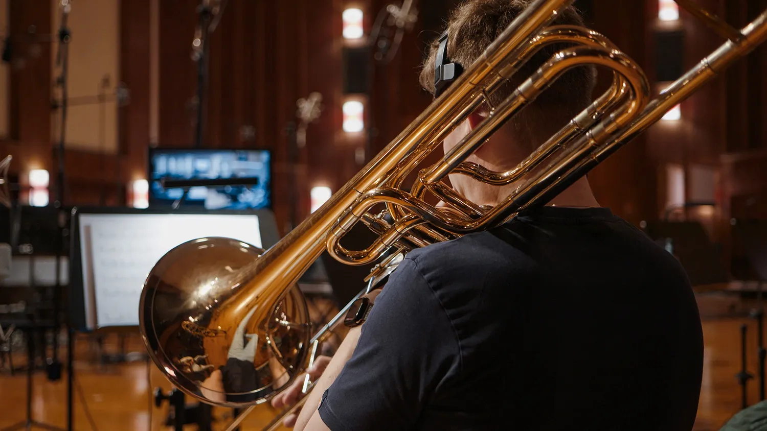 A contrabass trombone is played during a recording session on the Synchron Stage for Vienna Synchron Special Brass