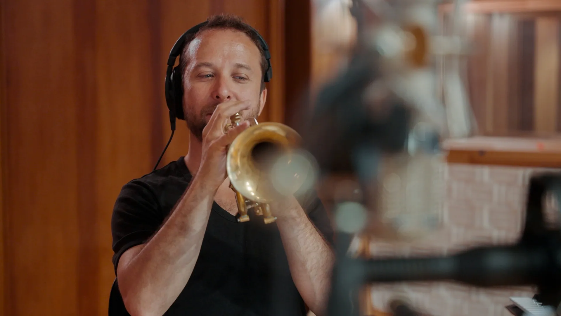 A cornet is played during a recording session on the Synchron Stage for Vienna Synchron Special Brass