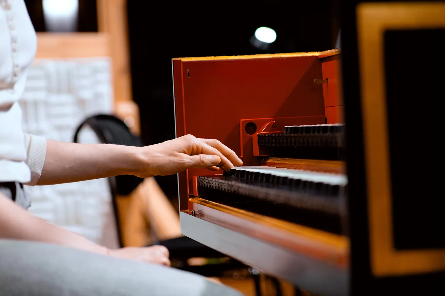 Harpsichord performance close-up showing player hands on a French Baroque-style instrument used for Synchron Harpsichord recording