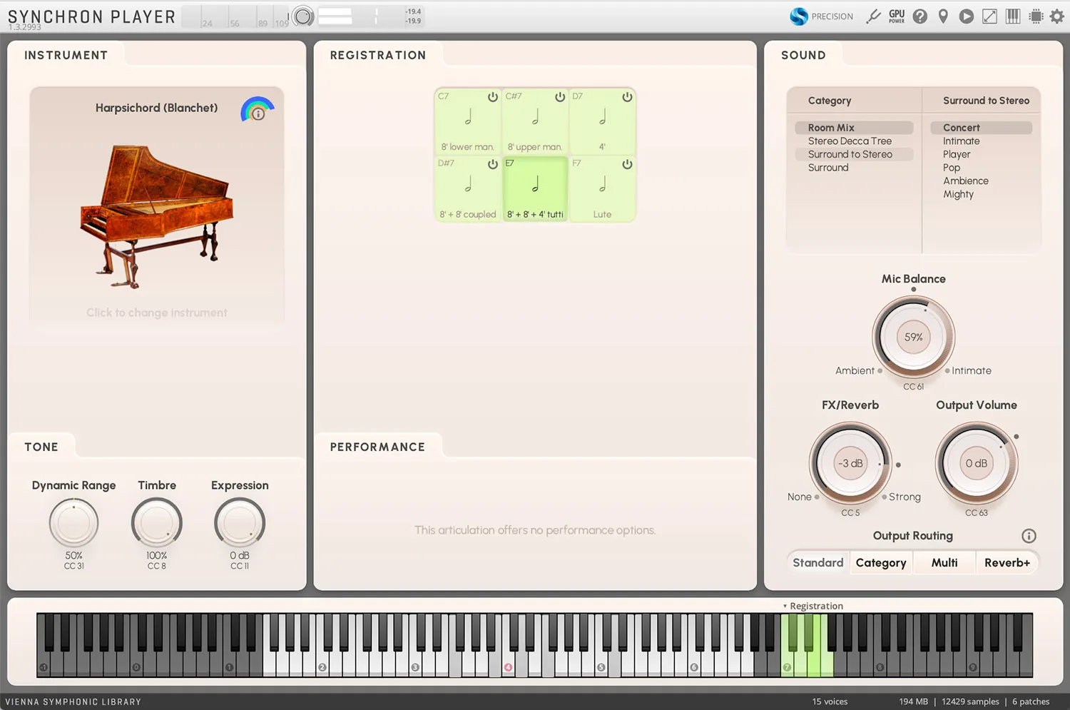 Synchron Harpsichord Blanchet virtual instrument interface flow view with registration controls, mic balance, reverb, and tone shaping in Vienna Synchron Player