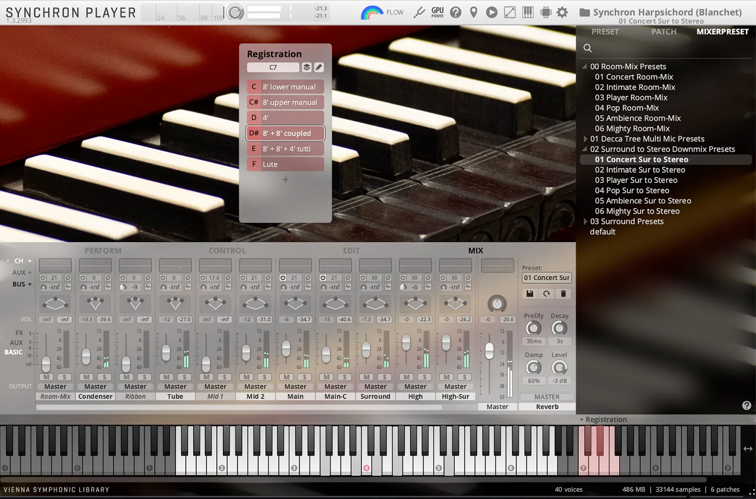 Synchron Harpsichord Blanchet interface precision view showing Vienna Symphonic Library Synchron Player with multi-microphone mixer, registrations, and keyboard control