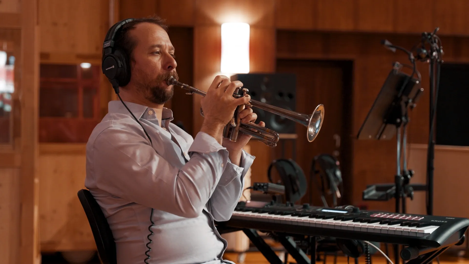 A piccolo trumpet is played during a recording session on the Synchron Stage for Vienna Synchron Special Brass