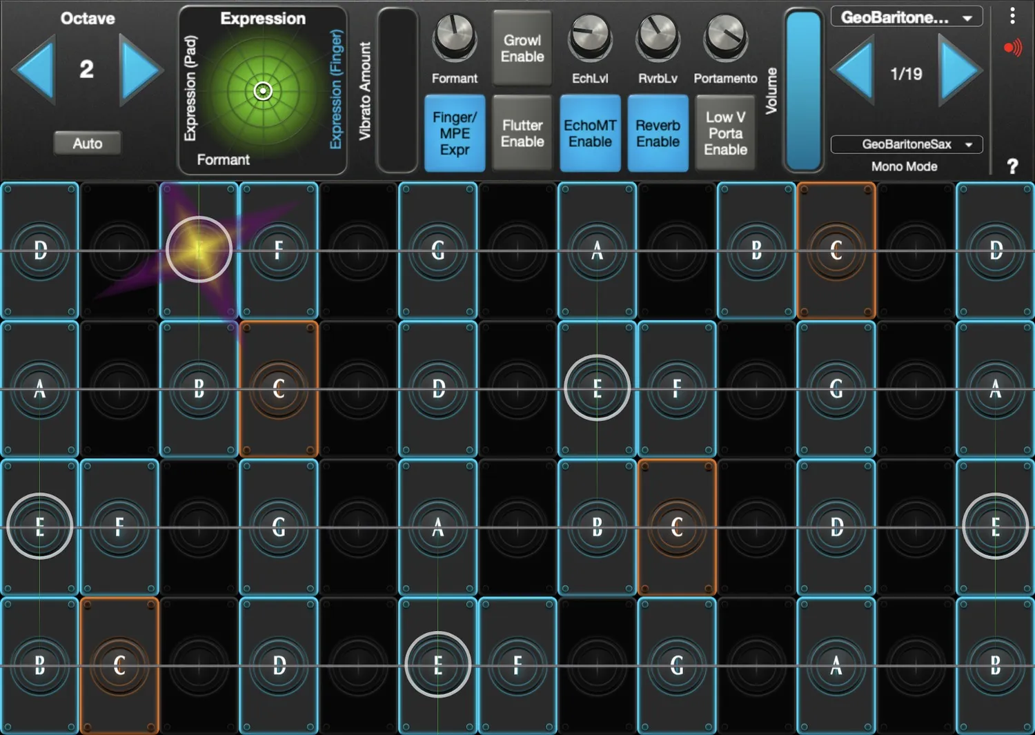 GeoBaritoneSax interface in GeoShred Studio