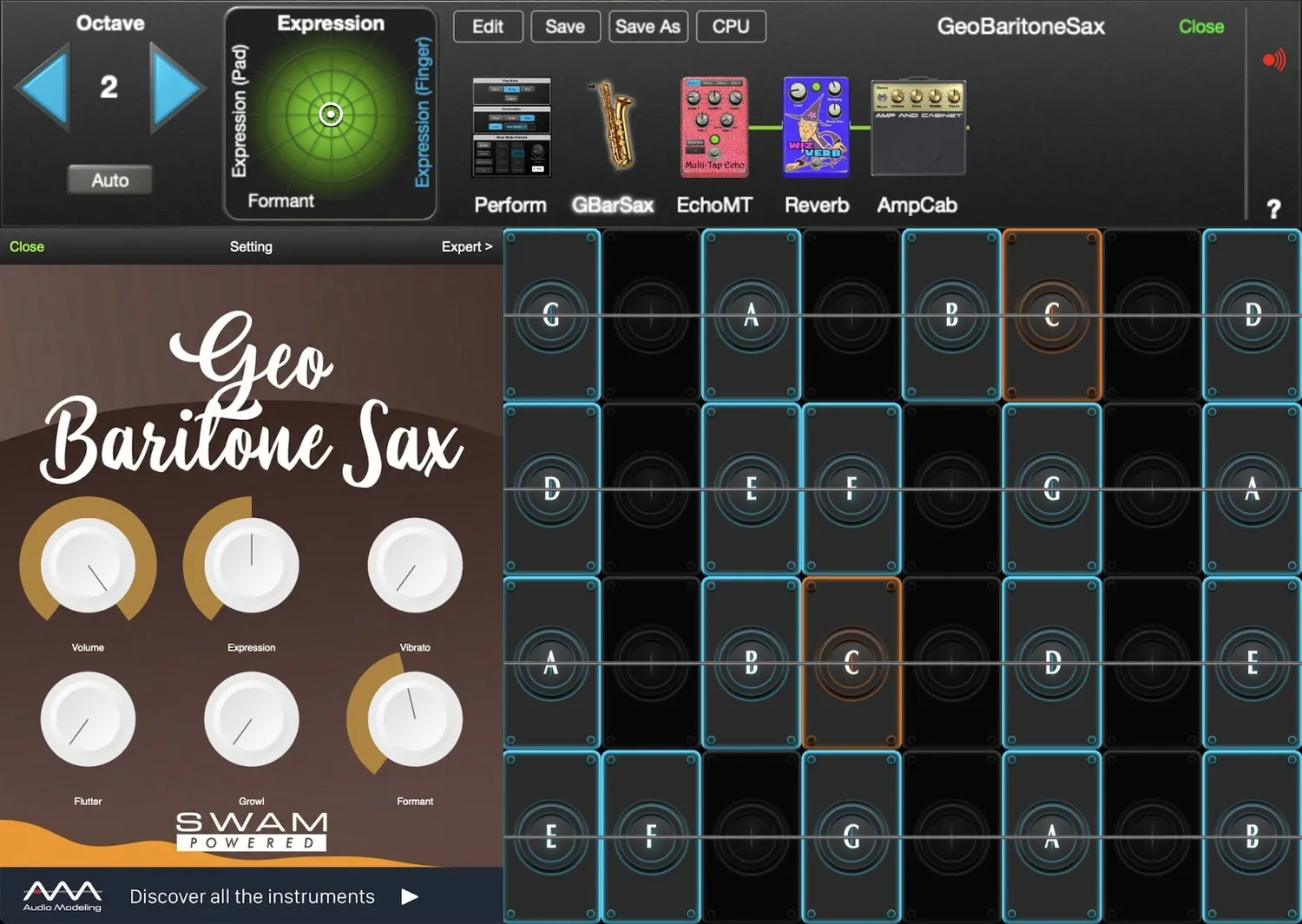 GeoBaritoneSax controls in GeoShred Studio