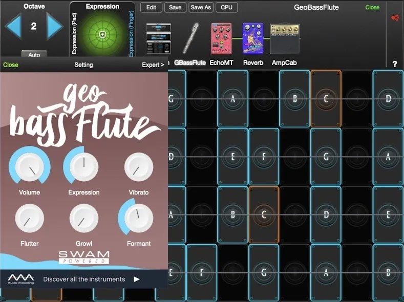 GeoBassFlute controls in GeoShred Studio