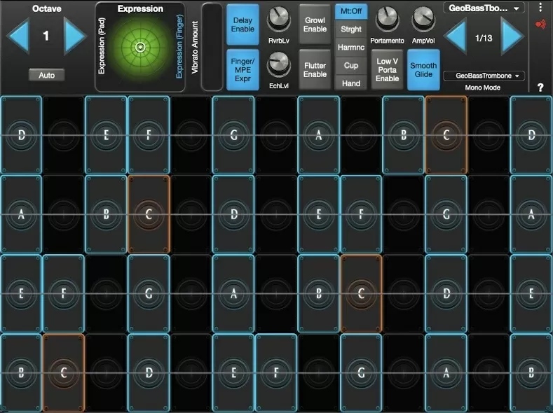 GeoBassTrombone interface in GeoShred Studio