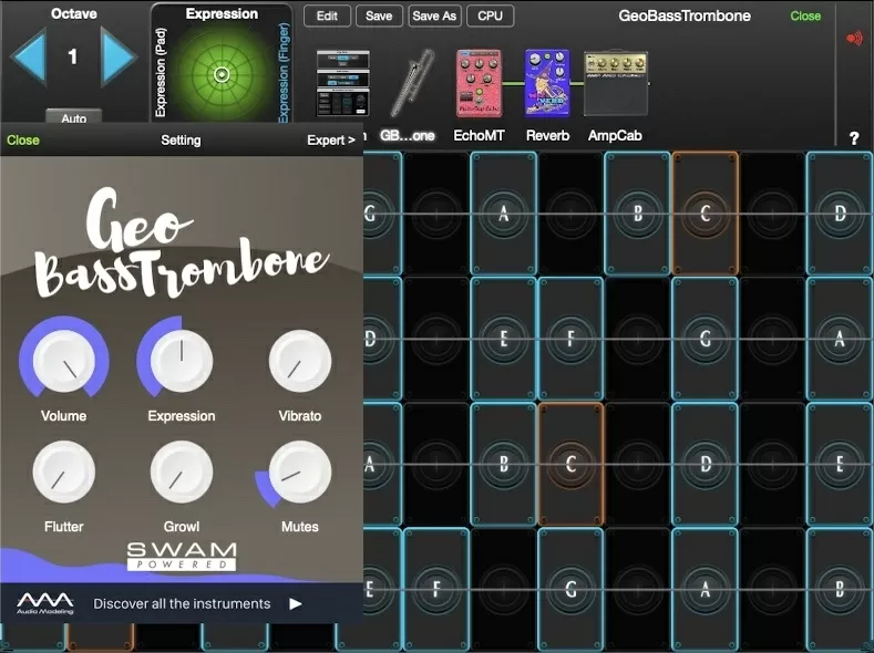 GeoBassTrombone controls in GeoShred Studio