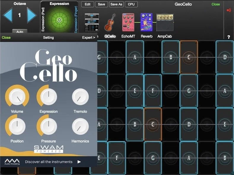 GeoCello bowing controls in GeoShred Studio