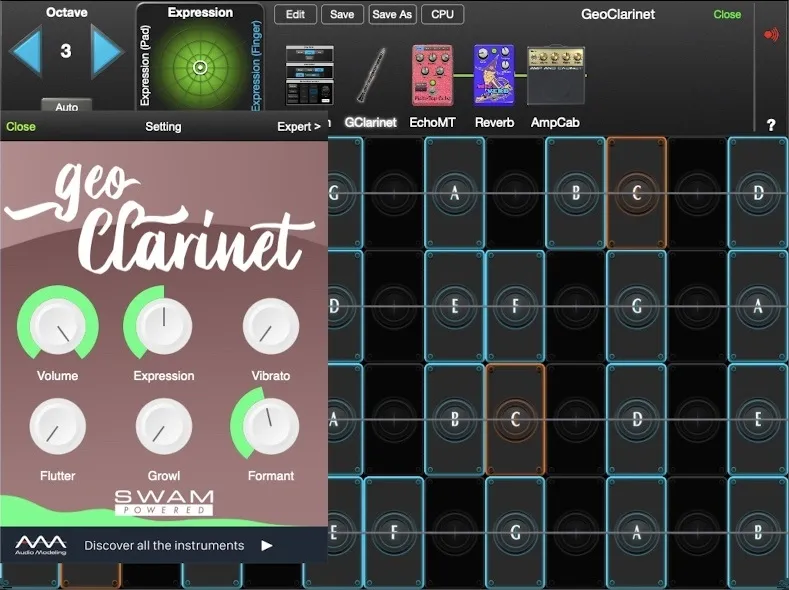 GeoClarinet controls in GeoShred Studio