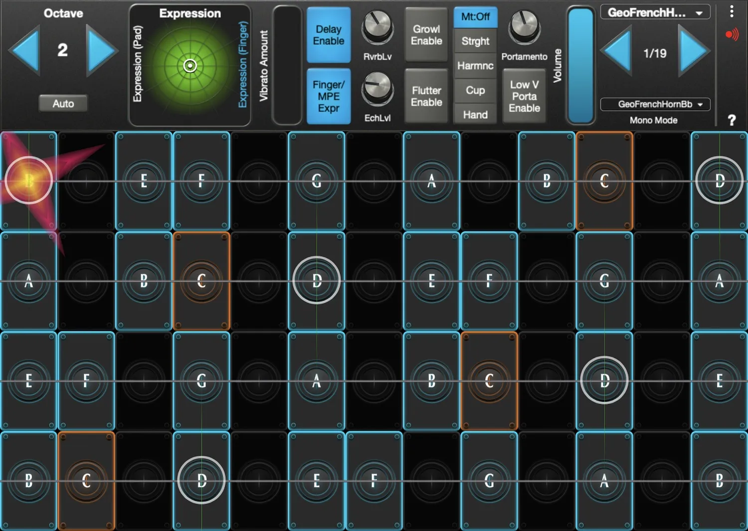 GeoFrenchHornBb interface in GeoShred Studio