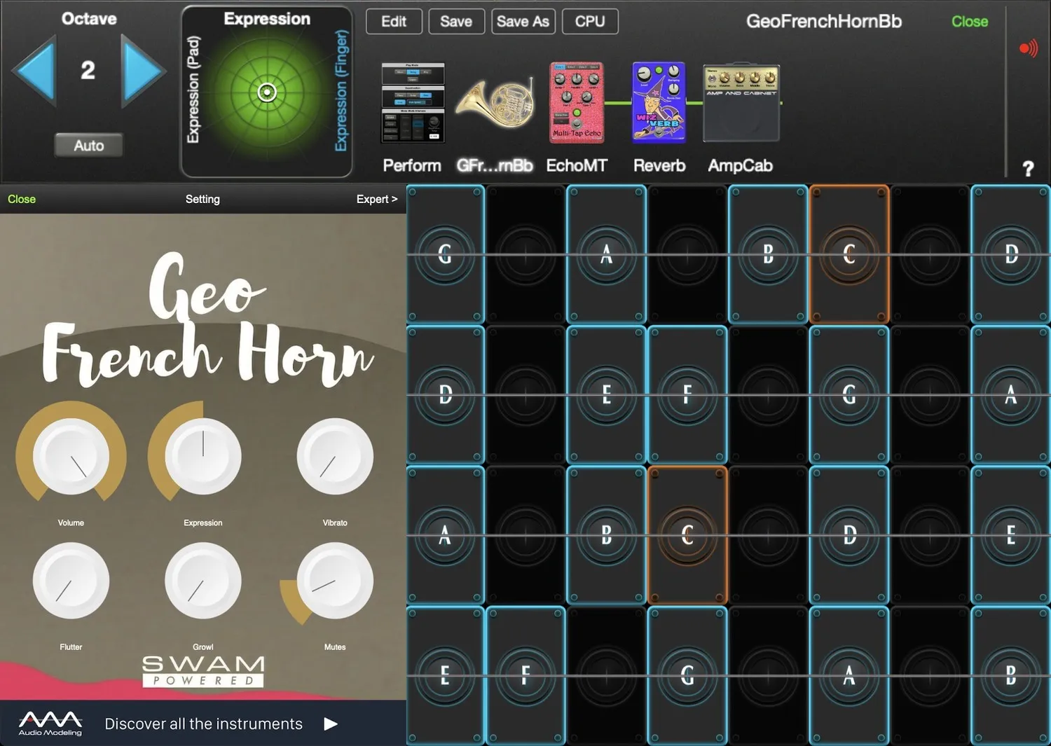GeoFrenchHornBb controls in GeoShred Studio