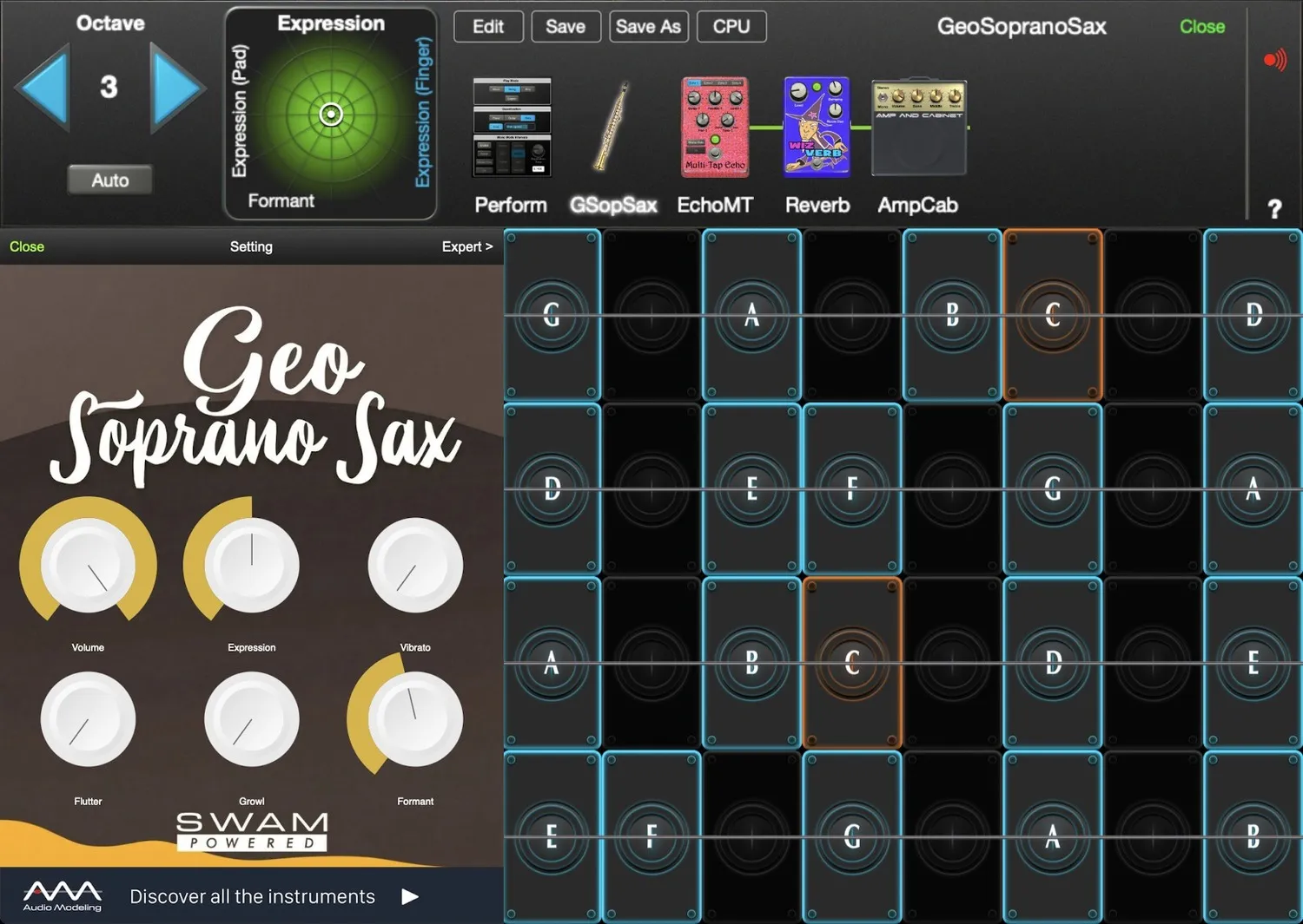 GeoSopranoSax controls in GeoShred Studio
