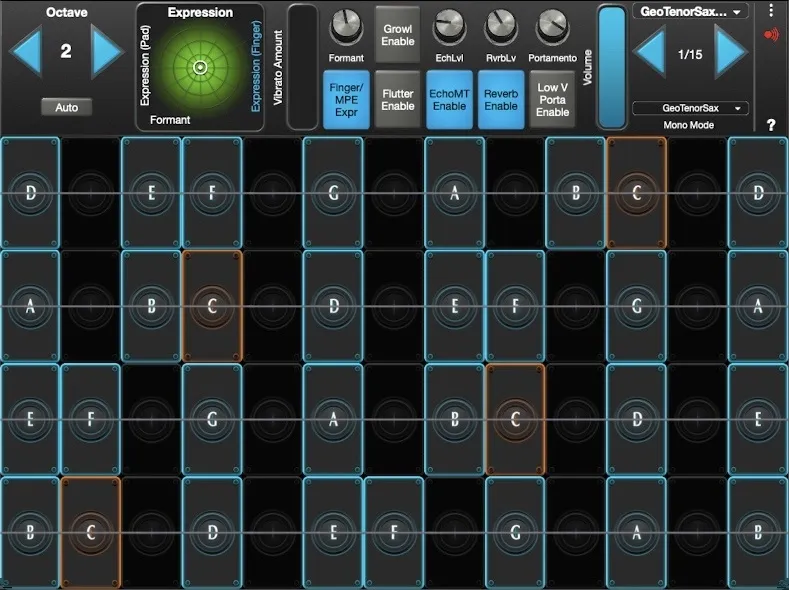 GeoTenorSax interface in GeoShred Studio