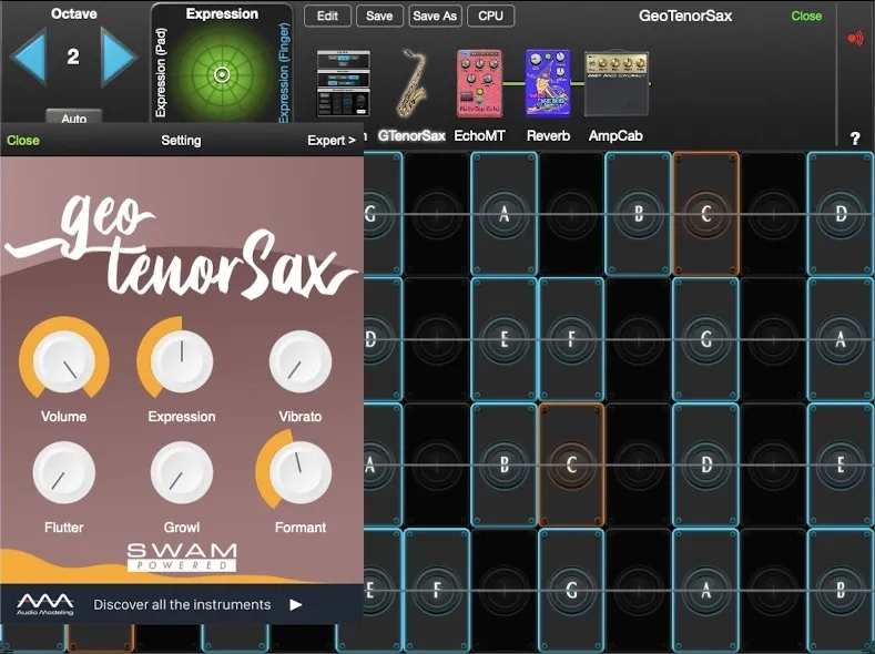 GeoTenorSax controls in GeoShred Studio
