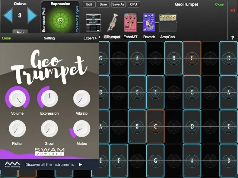 GeoTrumpet controls in GeoShred Studio