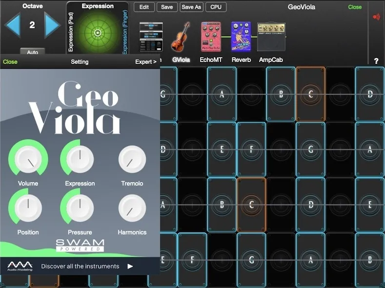 GeoViola bowing controls in GeoShred Studio