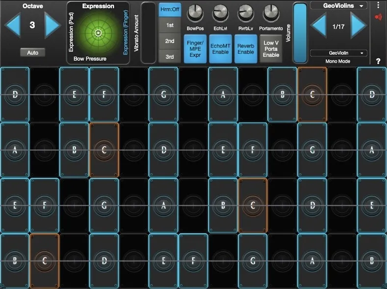 GeoViolin interface in GeoShred Studio