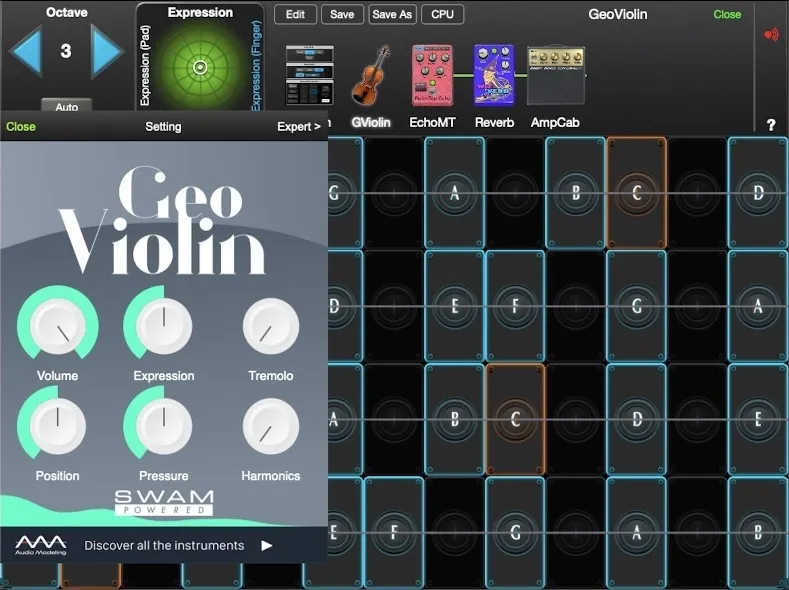 GeoViolin controls in GeoShred Studio