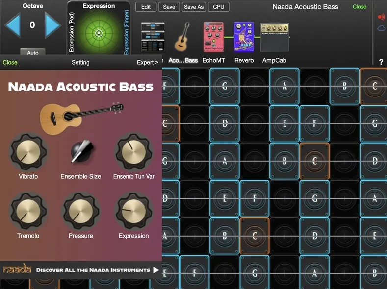 Naada Acoustic Bass interface in GeoShred Studio