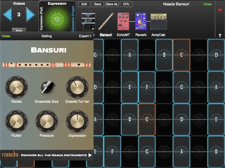 Naada Bansuri controls in GeoShred Studio