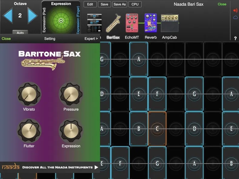 Naada Baritone Sax controls in GeoShred Studio